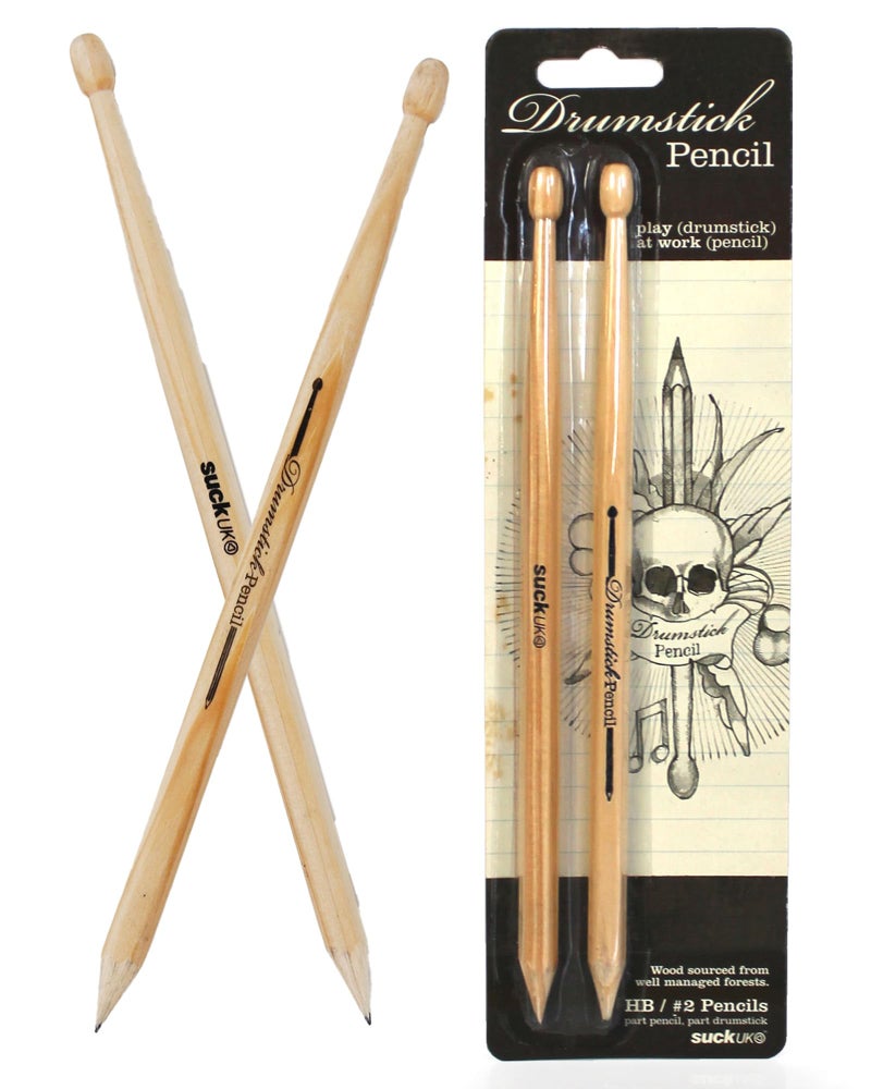 Suck UK Drumstick Pencils - Novelty Drummer Gifts for Men & Music Lovers - Wooden Drum Stick Shaped Sketch Pencil - Unique Office & School Stationery Supplies - Cool Drum Kit Pencils - Set of 2 Black - Image 1